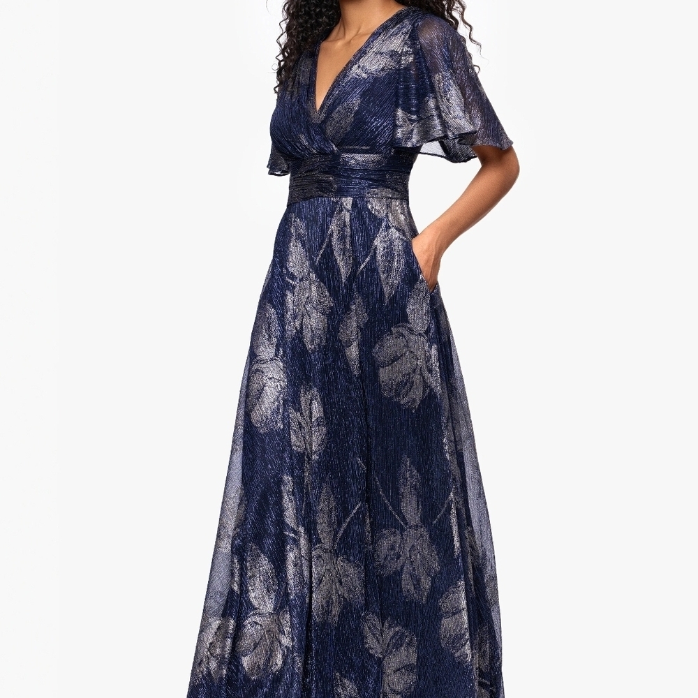 Betsy & Adam Navy and Silver Leaf Maxi Dress